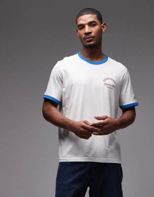 Ringer-T-Shirt in Wollweiß und Blau mit Grafikprint Weiß L