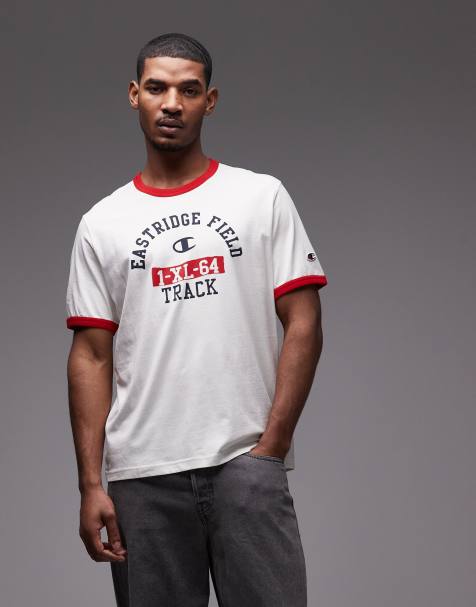 Champion – Ringer-T-Shirt in Wollweiß und Rot mit Grafikprint - view 1