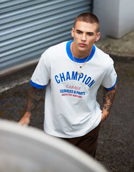 Champion Rochester back print ringer t shirt in off white and royal blue ASOS