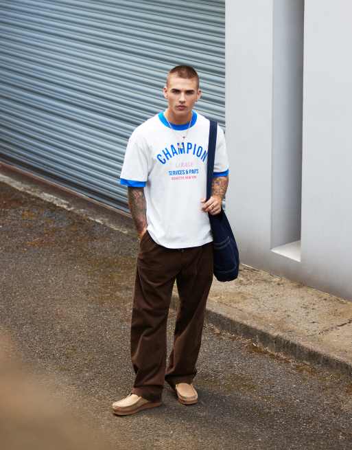 Champion Rochester back print ringer t-shirt in off white and royal blue, 2 of 4
