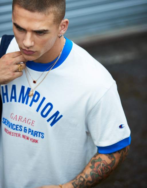 Champion Rochester back print ringer t-shirt in off white and royal blue, 3 of 4