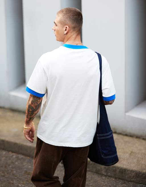 Champion Rochester back print ringer t-shirt in off white and royal blue, 4 of 4
