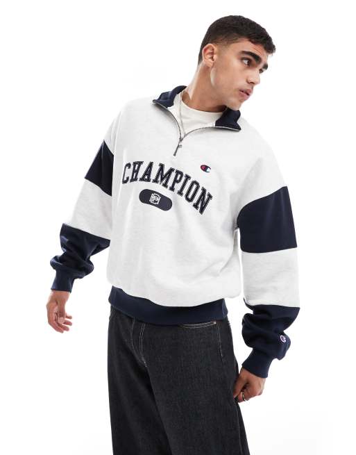 Champion Rochester collegiate half zip sweatshirt in grey marl and navy ASOS