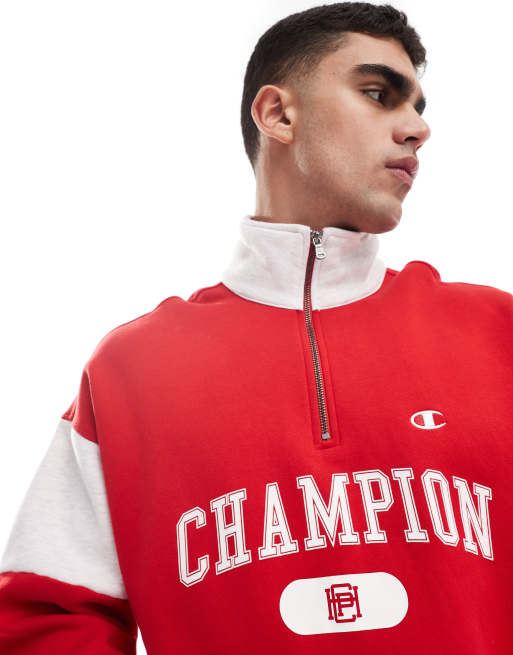 Champion Rochester collegiate half zip sweatshirt in red and grey marl ASOS