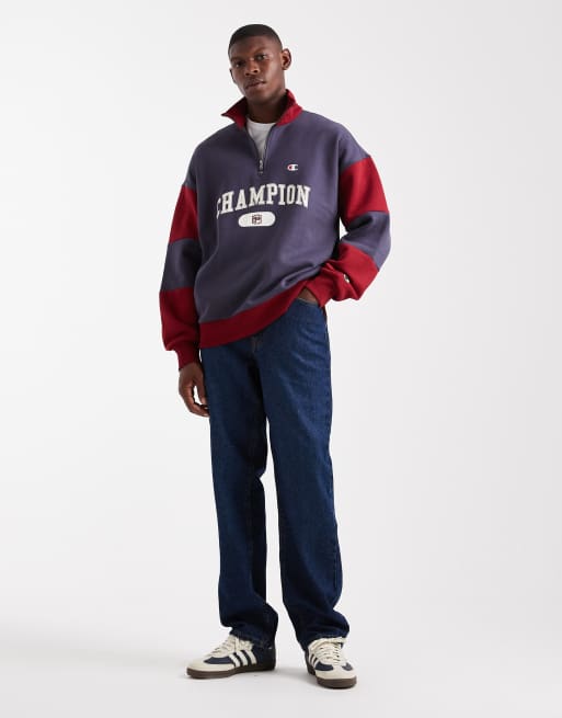 Champion Rochester collegiate half zip sweatshirt in red and navy