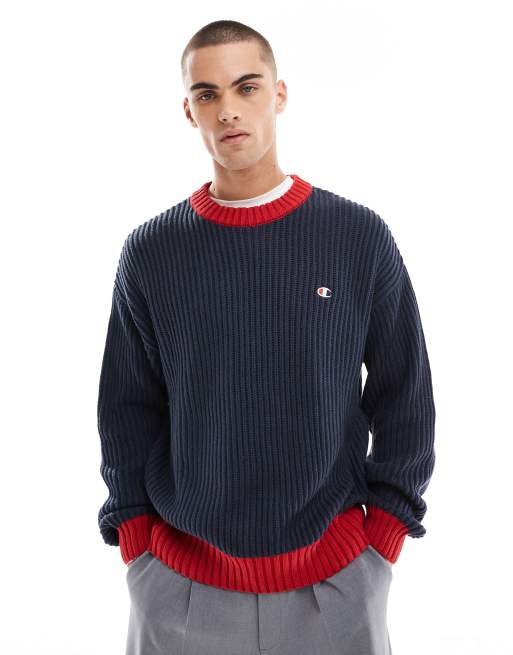 Champion Rochester collegiate knit jumper in navy and red ASOS