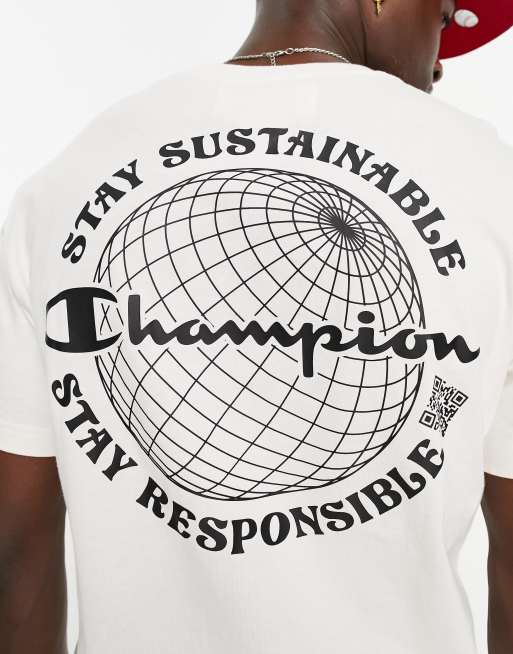 Champion – Rochester Future – T-Shirt in Beige mit Globus-Print hinten, 4 von 4