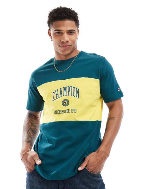 Champion – Rochester – Grön och gul t-shirt med collegelogga