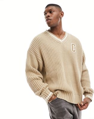 Champion Rochester knitted v-neck jumper in brown-Neutral