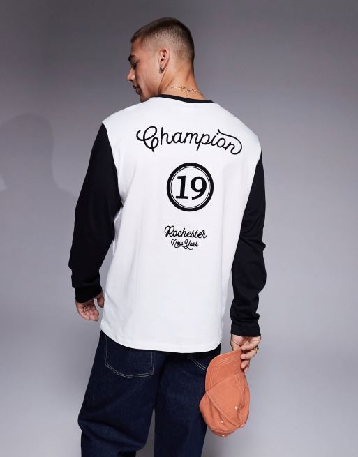 Champion Rochester long sleeve back print raglan t shirt in off white and black