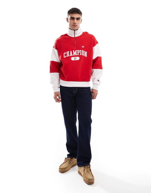 Champion - Rochester - Sweat à capuche style universitaire avec col zippé - Rouge et gris chiné, 2 de 4