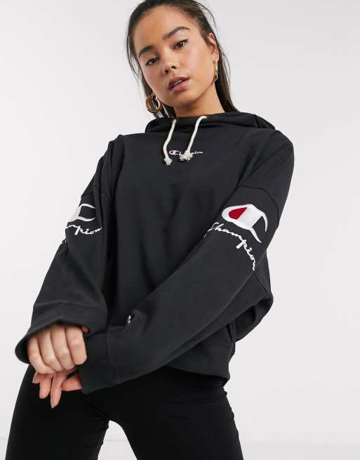 Champion logo 2025 sleeve crop hoodie