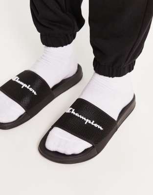 Champion slide with script logo in black