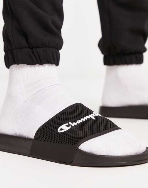 Champion black cheap and white slides