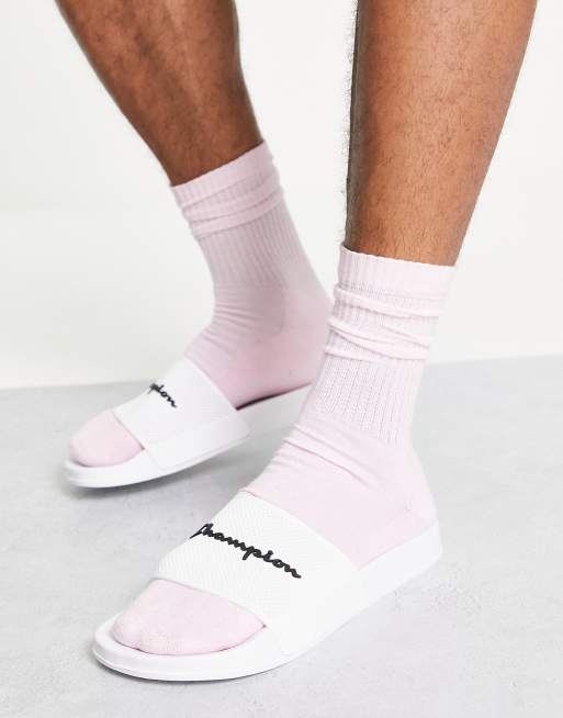 Pink and cheap white champion slides