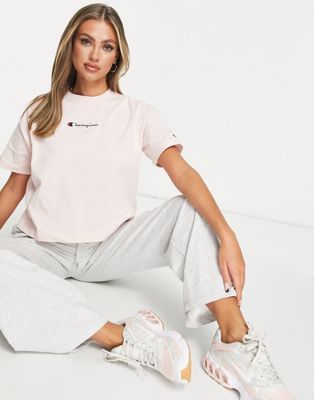 Champion small logo boxy crop t-shirt in pink