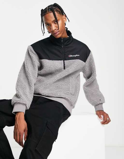 Champion small logo half zip fleece in grey/black | ASOS