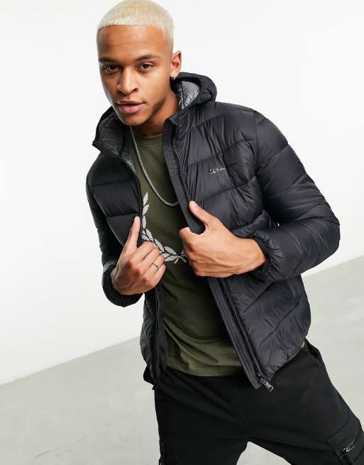 Champion small logo hooded puffer jacket in black | ASOS