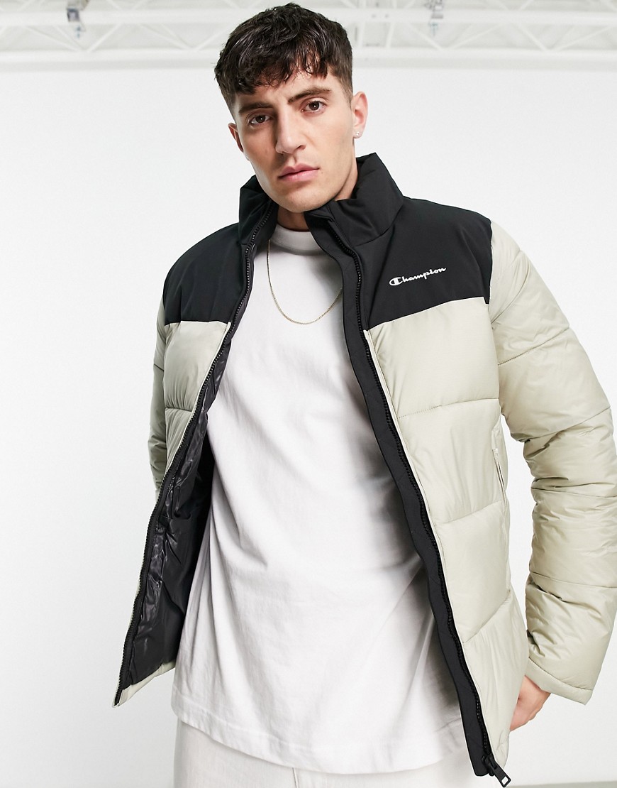 Champion small logo puffer jacket in stone/ Black-Brown