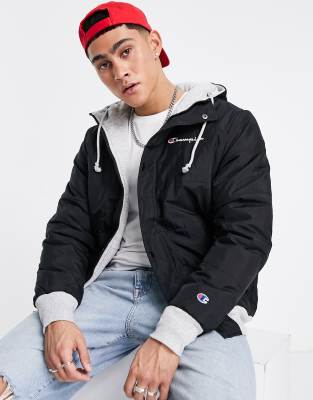Champion Small Script Logo Puffer Jacket In Black ModeSens