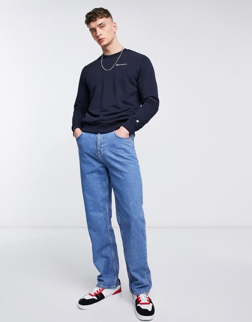 Champion sweater 2025 navy blue jeans