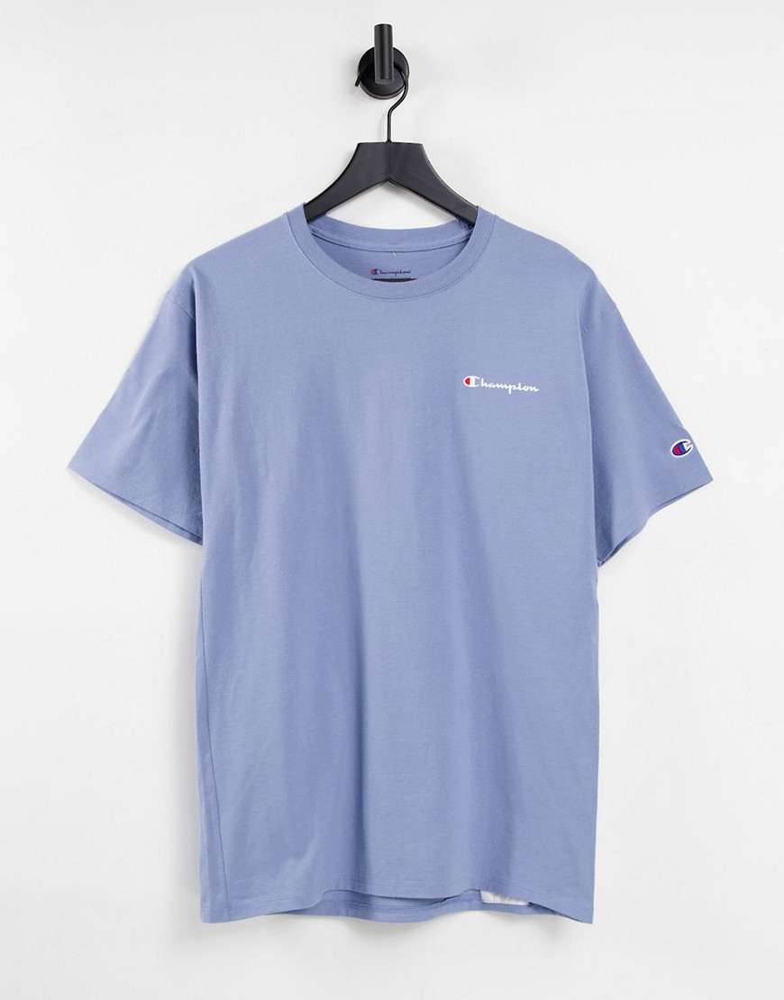Champion small script logo t-shirt in pastel blue-Blues