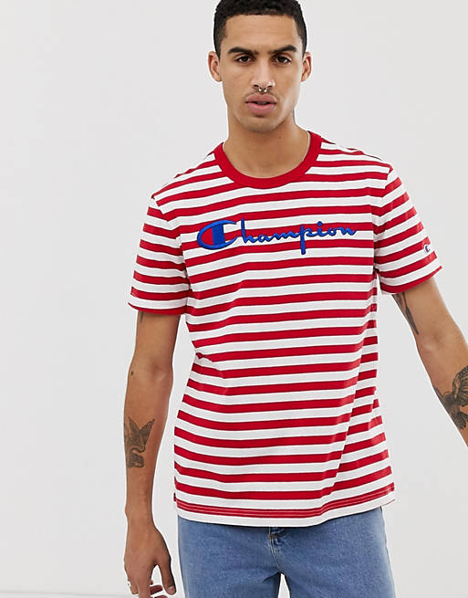 præambel Give Invitere Champion striped t-shirt with large logo in red | ASOS