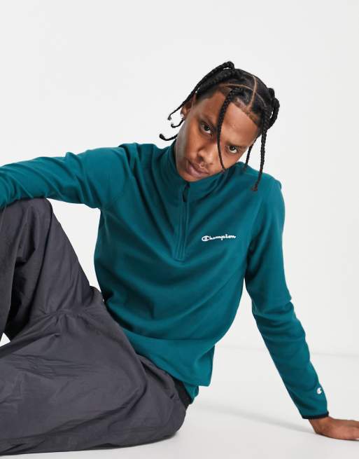 Champion - Sweatshirt van polar fleece met klein logo en halve rits in groenblauw