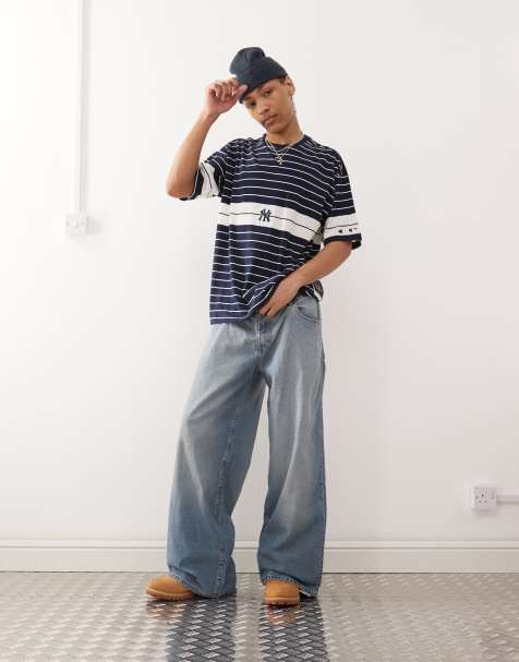 Champion - T-shape - T-shirt blu navy a righe con logo NY - view 1