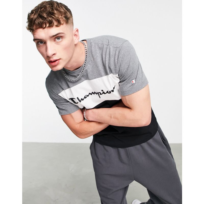 Uomo Activewear Champion - T-shirt colorblock grigia con logo grande sul petto