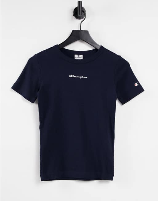 Champion - T-shirt côtelé à logo - Bleu marine