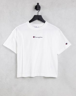 Champion - T-shirt crop top coupe carrée à petit logo - Blanc