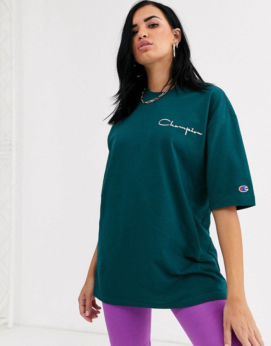 Champion – T-shirt i oversize-modell med omvänd väv och logga-Blå