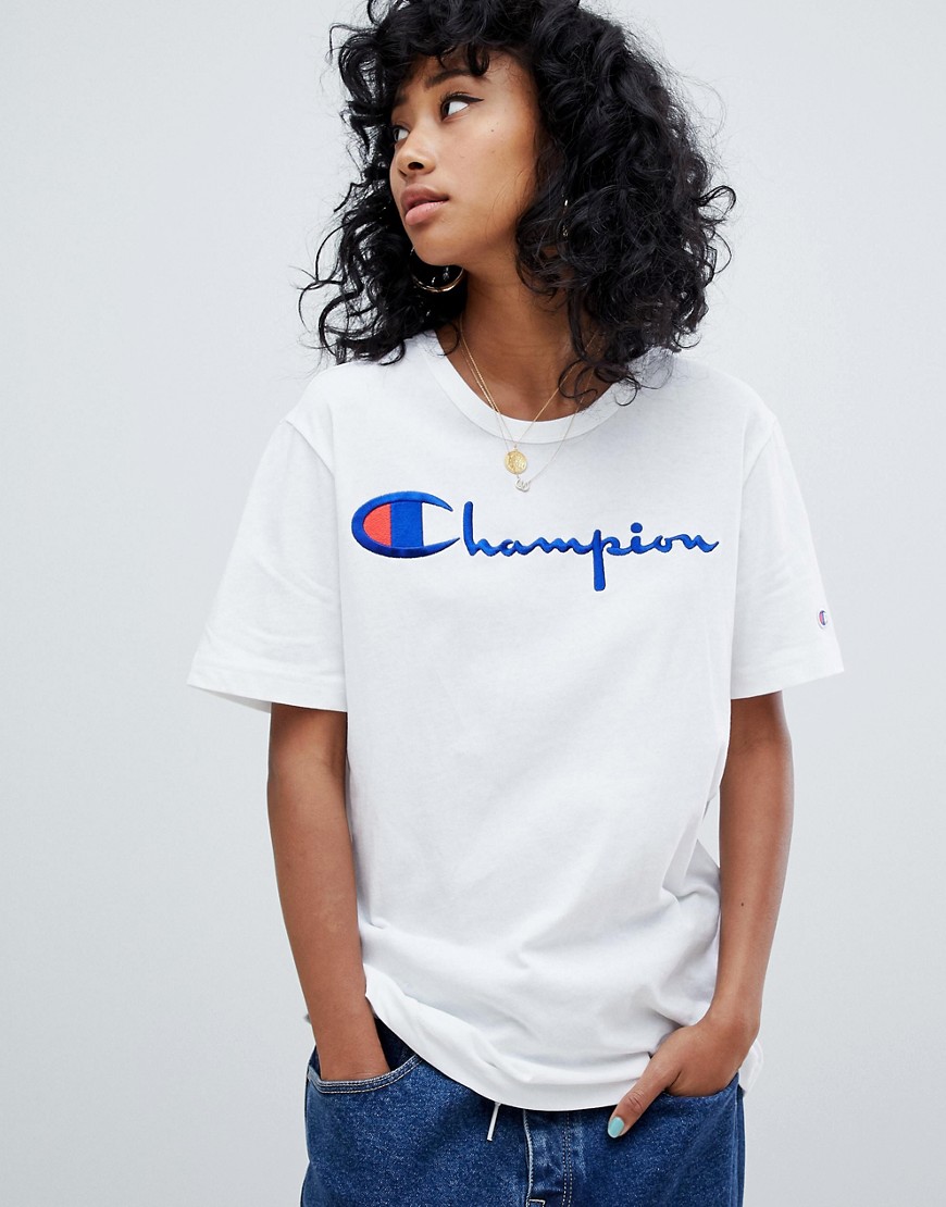 Champion – T-shirt i reverse weave-material och oversize-modell med logga framtill-Vit