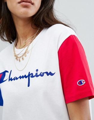 red and blue champion shirt