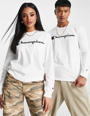 Champion unisex large logo long sleeve t-shirt in white