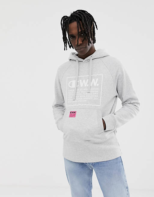 pouch undskyldning Tilskynde Champion x Wood Wood Hoodie With Large Logo In Gray | ASOS
