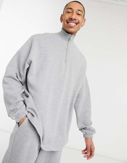 Chándal gris jaspeado extragrande de sudadera con media cremallera y joggers de ASOS DESIGN