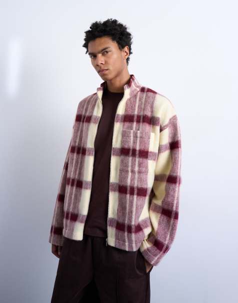 Chaqueta a cuadros rojos con cuello subido de tejido cepillado de mezcla de lana de Topman - view 1