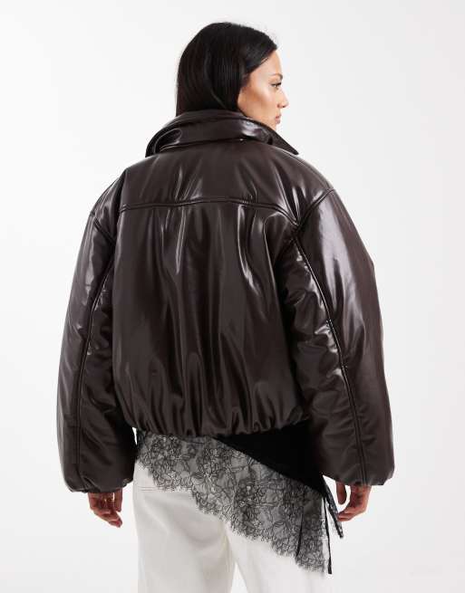 Chaqueta acolchada marrón chocolate de cuero sintético premium de Object, 4 de 4
