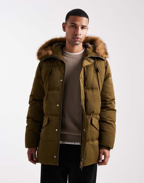 Chaqueta acolchada verde oscuro con capucha con ribete de piel sintética de ASOS DESIGN - view 1
