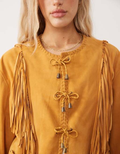 Chaqueta amarilla extragrande de estilo boho con flecos de ante de Urbancode, 4 de 4