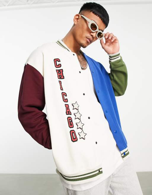 Chaqueta azul marino y verde extragrande con diseño color block y estampado de punto de ASOS DESIGN