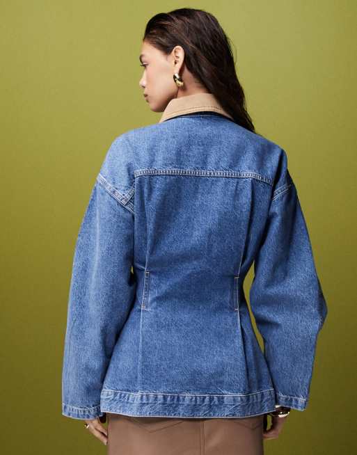 Chaqueta azul medio ceñida con ribetes de ante premium de ASOS DESIGN, 3 de 4