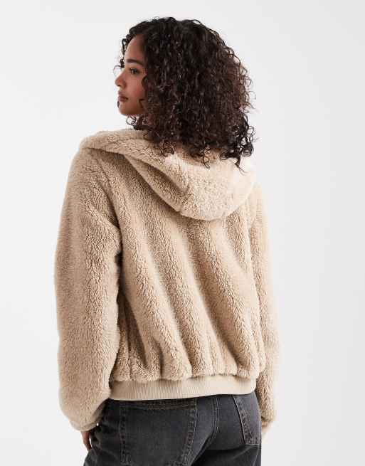 Chaqueta beis con capucha de tejido tipo peluche de ONLY, 4 de 4