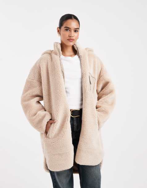 Chaqueta beis con capucha de tejido tipo peluche de ONLY - view 1