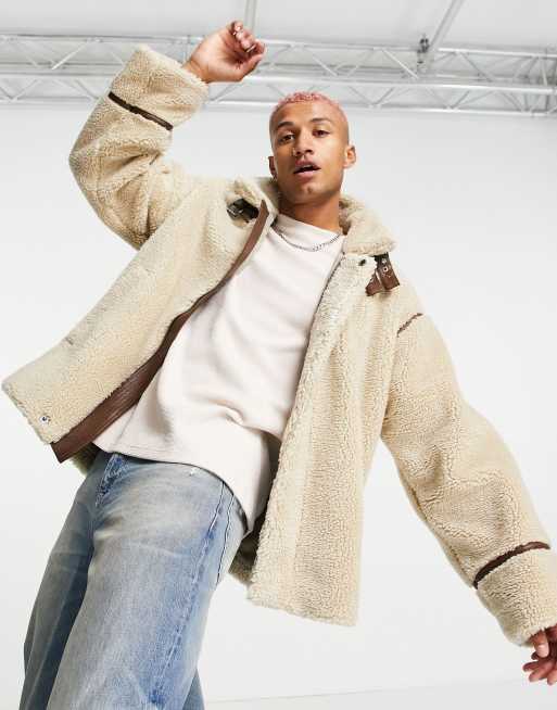 Chaqueta beis extragrande con ribetes en contraste de borreguito de ASOS DESIGN