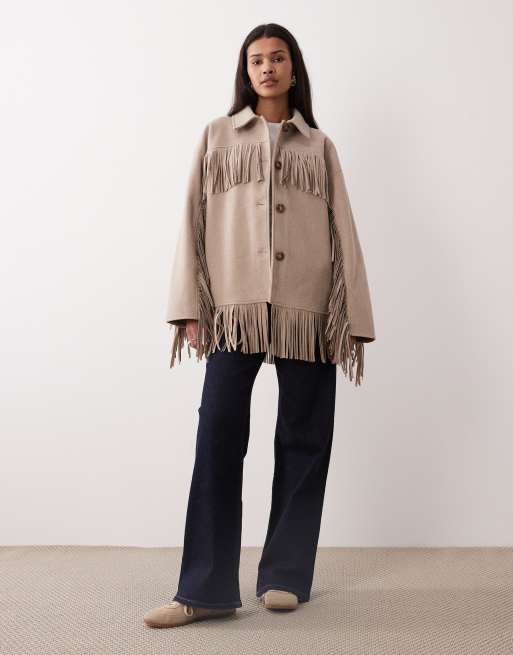Chaqueta beis melange con flecos de Gina Tricot, 2 de 4