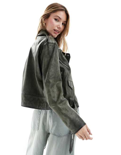 Chaqueta biker con lavado tintado verde de cuero efecto desgastado de ASOS DESIGN, 2 de 4