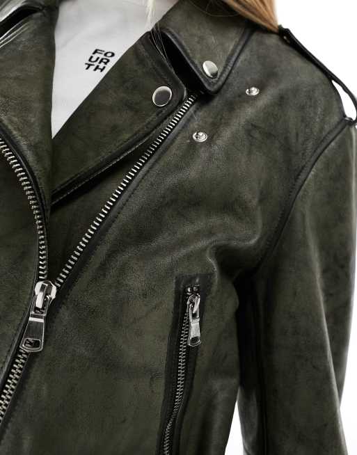 Chaqueta biker con lavado tintado verde de cuero efecto desgastado de ASOS DESIGN, 3 de 4